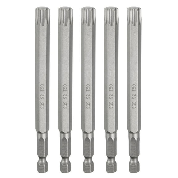 Uxcell 5pcs T50 Torx Head Screwdriver Bit 1/4" Hex Shank 4.3" (110mm) Long Magnetic No Hole Tip 6 Point Star Screw Driver