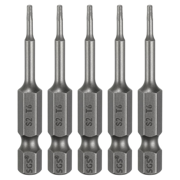 Uxcell 5pcs T6 Torx Head Screwdriver Bit 1/4" Hex Shank 2" (50mm) Long Magnetic No Hole Tip 6 Point Star Screw Driver