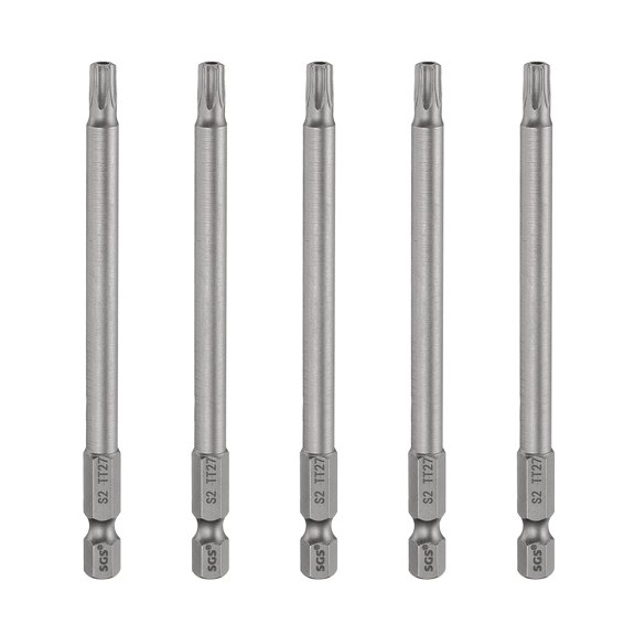 Uxcell 5pcs TT27 Security Torx Head Screwdriver Bit 4" (100mm) Long 1/4" Hex Shank Magnetic Tamper Proof 6 Point Star Screw Driver