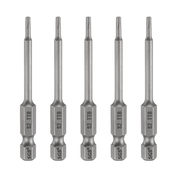 Uxcell 5pcs TT8 Security Torx Head Screwdriver Bit 2.56" (65mm) Long 1/4" Hex Shank Magnetic Tamper Proof 6 Point Star Screw Driver