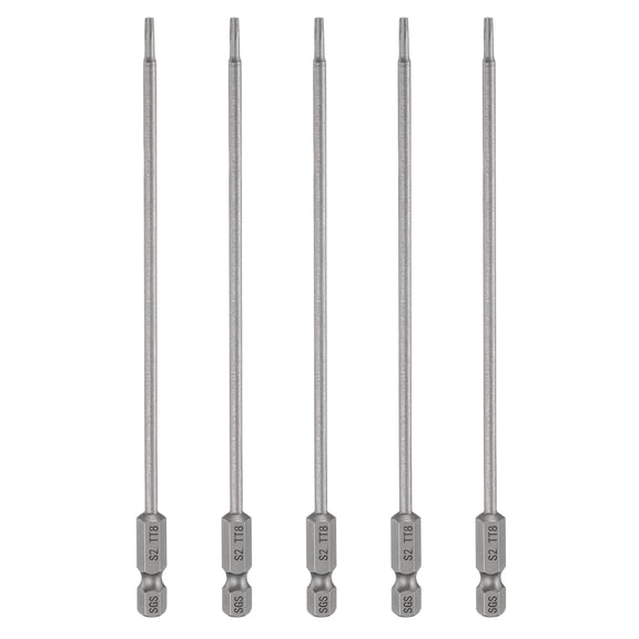 Uxcell 5pcs TT8 Security Torx Head Screwdriver Bit 4.33" (110mm) Long 1/4" Hex Shank Magnetic Tamper Proof 6 Point Star Screw Driver