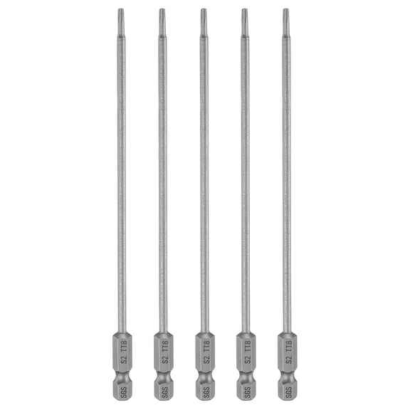 Uxcell 5pcs TT8 Security Torx Head Screwdriver Bit 6" (150mm) Long 1/4" Hex Shank Magnetic Tamper Proof 6 Point Star Screw Driver