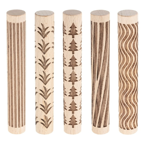 Uxcell 5pcs Wood Clay Roller 4"Grass Wood Pine Lines Pattern Rolling Pins Wood Rollers Pottery Tools Wood Grain Texture Rollers for Clay Baking Dough Playdough DIY