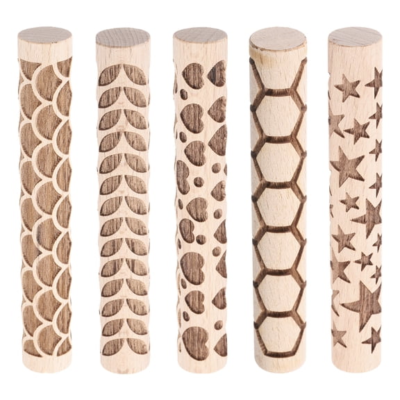 Uxcell 5pcs Wood Clay Roller 4"Hexagon Star Fan Heart Leaf Pattern Rolling Pins Wood Rollers Pottery Tools Wood Grain Texture Rollers for Clay Baking Dough Playdough DIY
