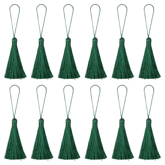 Uxcell 6.5" Silky Bookmark Tassels with Loop for DIY Craft Accessory, 12Pack Black Green