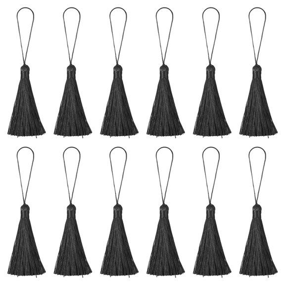 Uxcell 6.5" Silky Bookmark Tassels with Loop for DIY Craft Accessory, 12Pack Black
