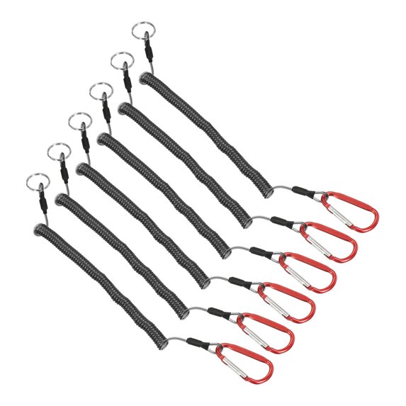 Uxcell 6.6ft Fishing Lanyard Coiled Ropes Retractable with Red Metal Clip Keychain, Clear Black 6 Pack