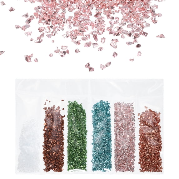 Uxcell 6Pcs Crushed Glass Chips High Luster Irregular Glass Chips 1.06 oz Transparent, Gold, Green, Blue, Pink, Brown