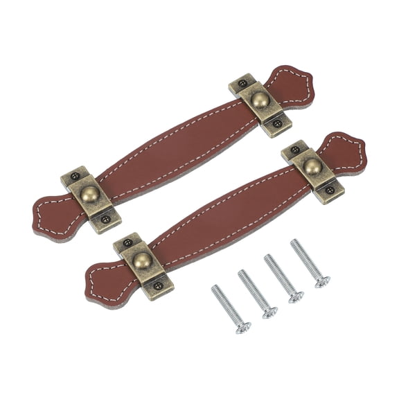 Uxcell 6" Leather Drawer Pulls with Iron Sheet, 2 Pcs Leather Strap Trunk Handle Knobs with 22mm Screws, Yellow