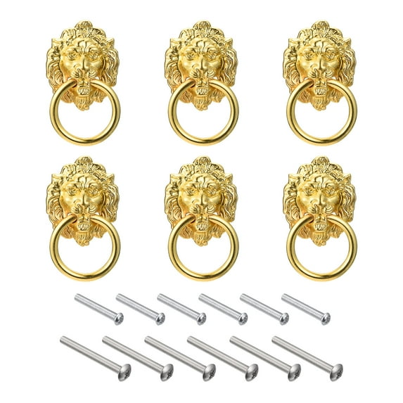 Uxcell 6 Pack 1.57"x1.97" Lion Head Pulls Knob for Dresser Wardrobe Kitchen (Gold)
