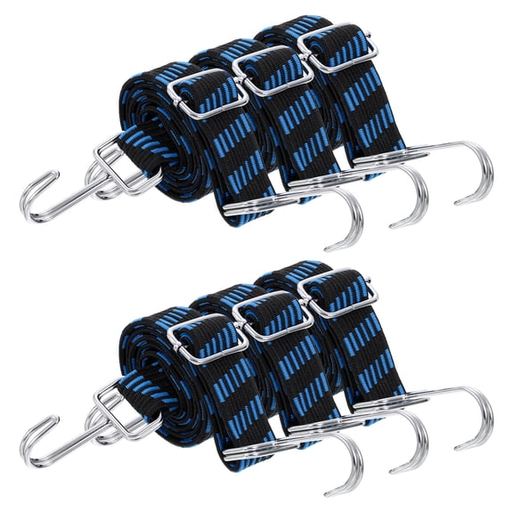 Uxcell 6 Pack Adjustable Bungee Cords with Hooks, 39 Inch Flat Heavy Duty Elasticity Straps Rubber Bungee Cords with Buckle for Outdoor, Camping, Tarp, Bike Rack, Luggage, Black Blue