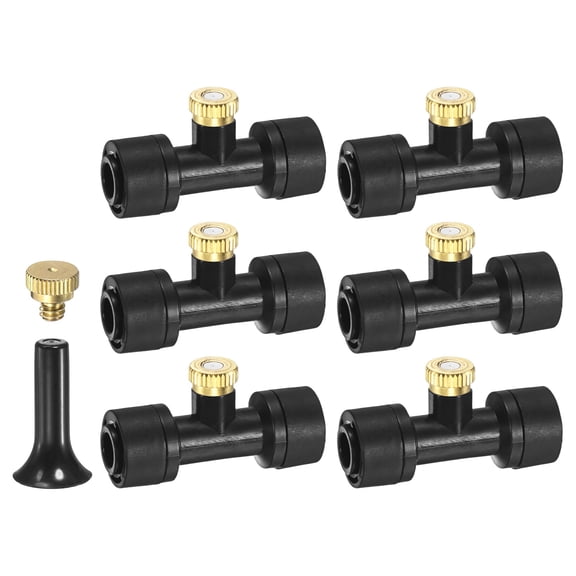 Uxcell 6-Pack Brass Misting Nozzles Tees, 0.2mm Orifice Dia Heavy Duty Mister Nozzle with Brass Plugs and Black Plugs for 1/4 Inch Tubing Outdoor Spray Cooling System