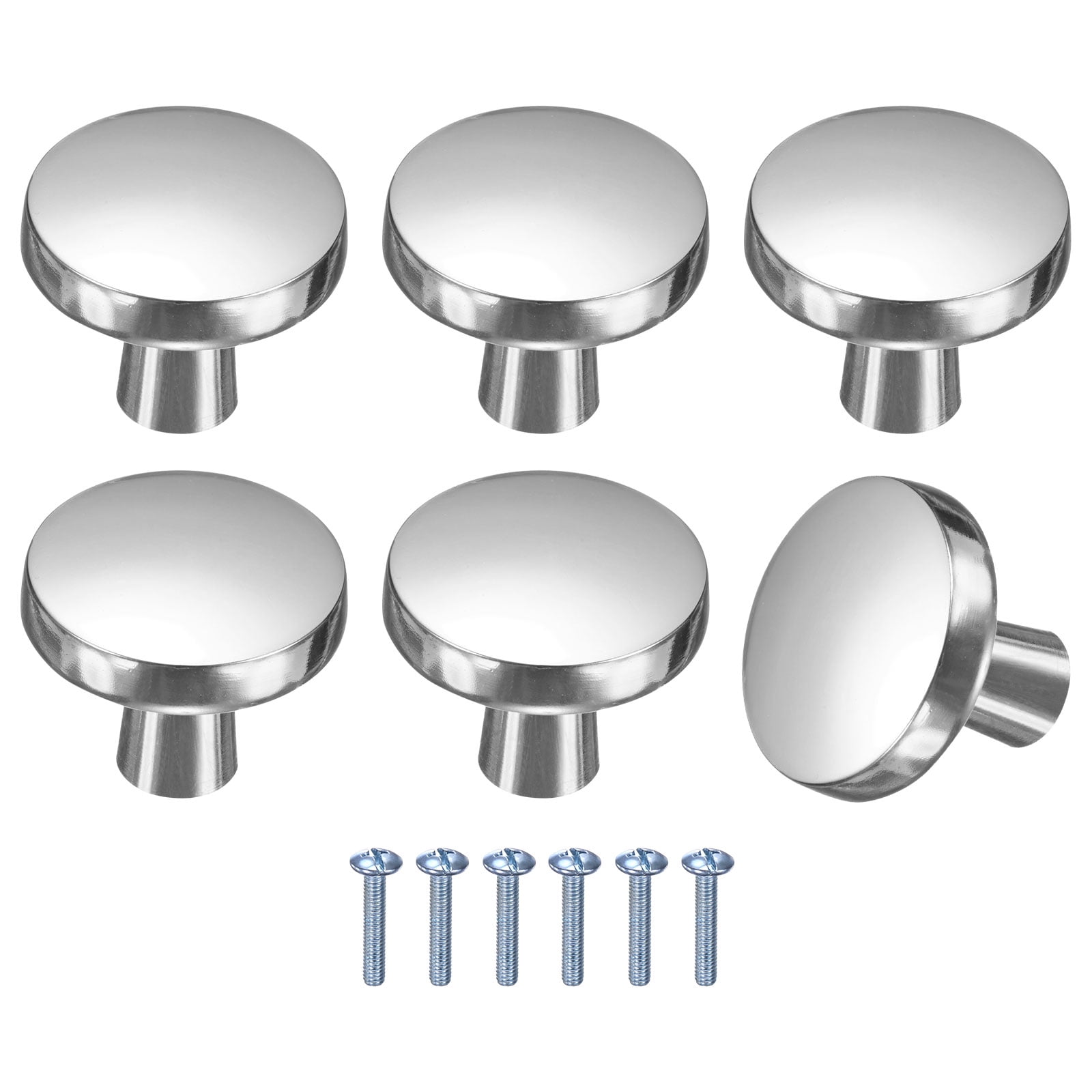 Uxcell 6-Pack Brushed Satin Cabinet Knobs, 1-1/5" Round Modern Zinc Alloy Knobs Handles [Bright Silver]