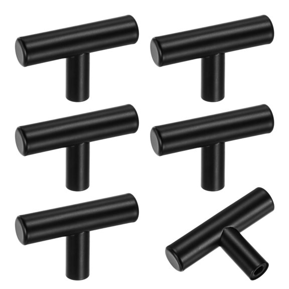 Uxcell 6-Pack Cabinet Pulls Knobs, 2" Modern Stainless Steel T Bar Knobs Single Hole Handles [Black]