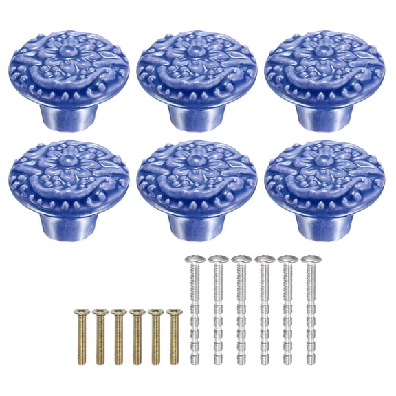 Uxcell 6 Pack Ceramic Knobs, 34mm/1.34" Flower Pattern Mushroom Knob Drawer Pull Handle Vintage Wardrobe Knobs with Screws for Vanity Bedroom Furniture Closet, Purple Blue