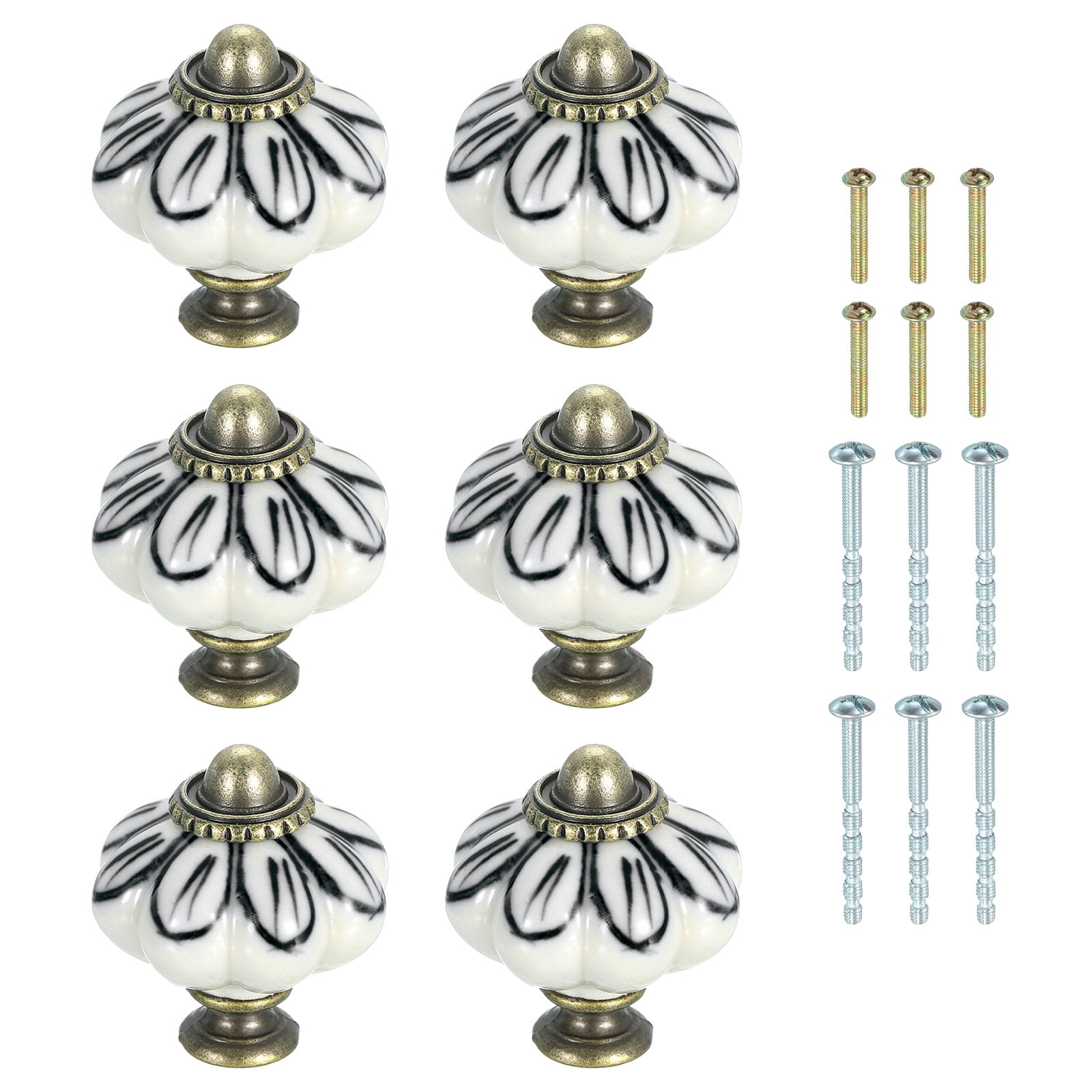 Uxcell 6 Pack Ceramic Knobs, 35mm/1.38" Pumpkin Cabinet Knob Drawer Pull Handle Vintage Drawer Knobs with Screws for Vanity Bedroom Furniture Closet, Black Petals