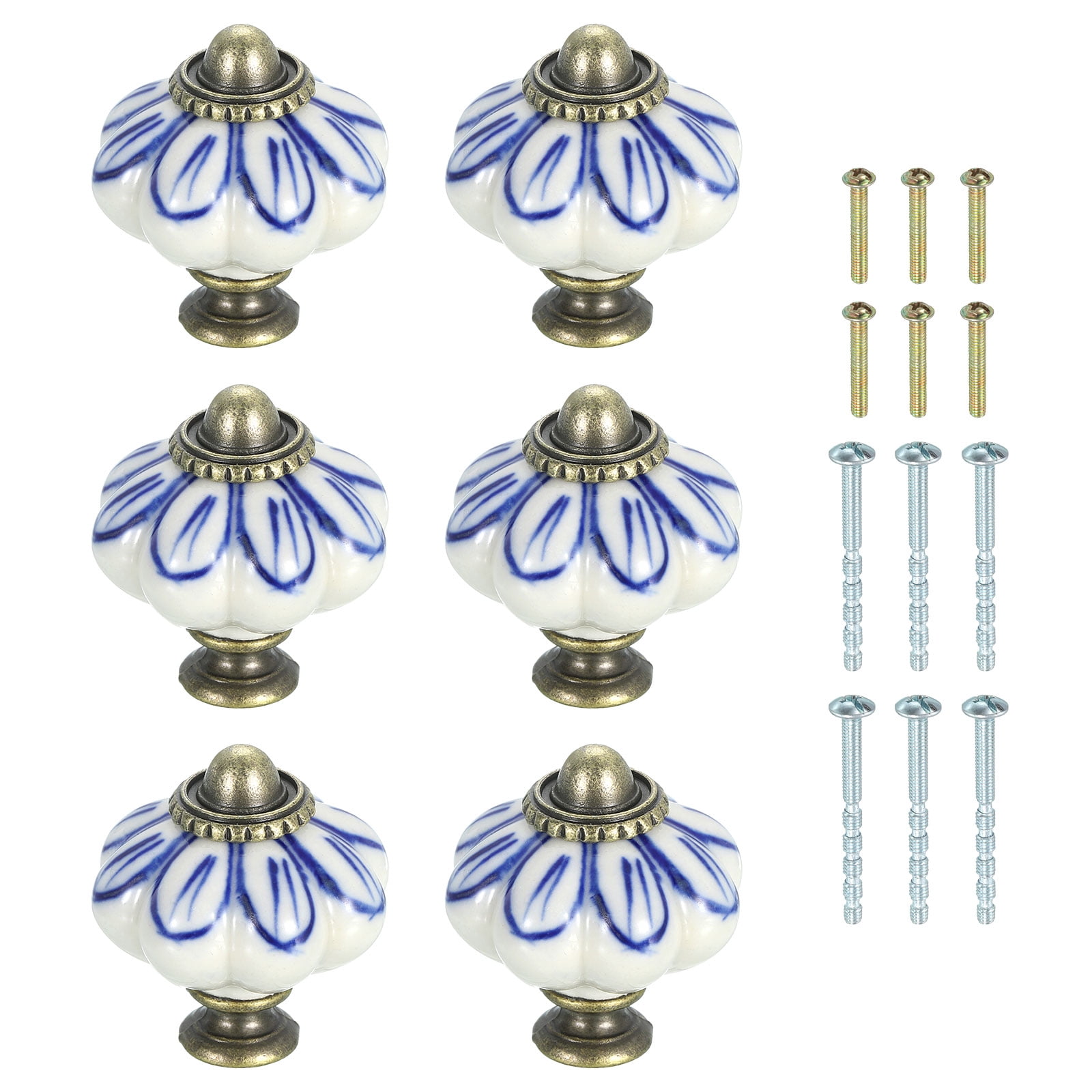 Uxcell 6 Pack Ceramic Knobs, 35mm/1.38" Pumpkin Cabinet Knob Drawer Pull Handle Vintage Drawer Knobs with Screws for Vanity Bedroom Furniture Closet, Blue Petals