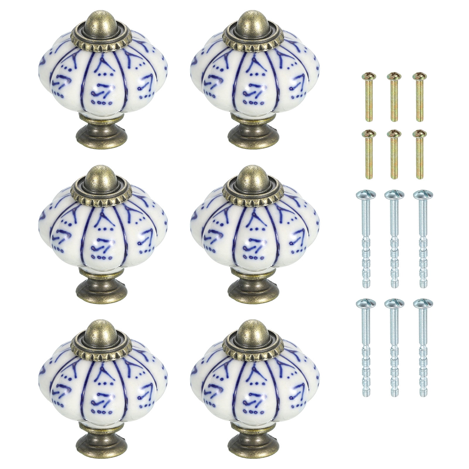 Uxcell 6 Pack Ceramic Knobs, 35mm/1.38" Pumpkin Cabinet Knob Drawer Pull Handle Vintage Drawer Knobs with Screws for Vanity Bedroom Furniture Closet, Blue Willow Leaf
