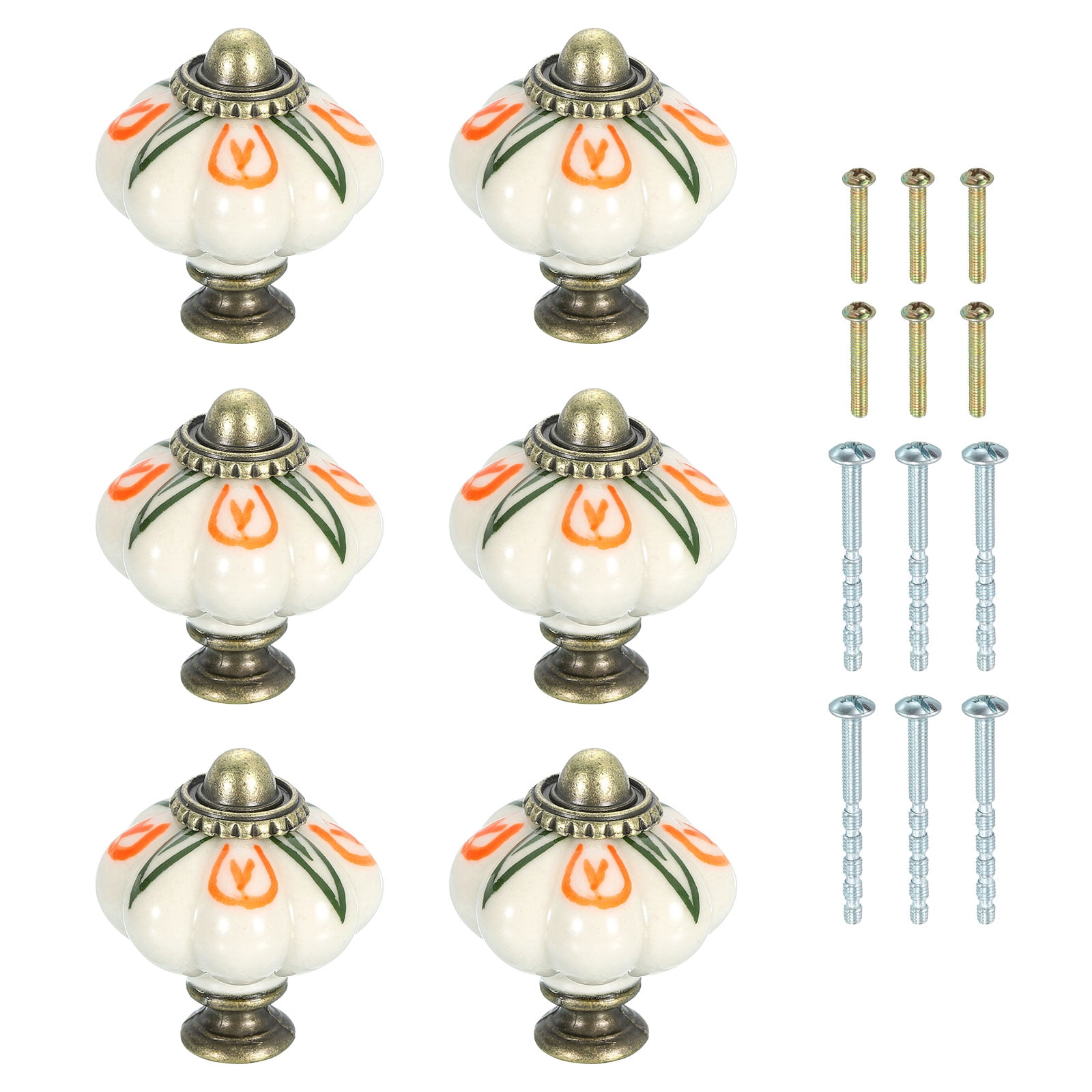 Uxcell 6 Pack Ceramic Knobs, 35mm/1.38" Pumpkin Cabinet Knob Drawer Pull Handle Vintage Drawer Knobs with Screws for Vanity Bedroom Furniture Closet, Brown Flower