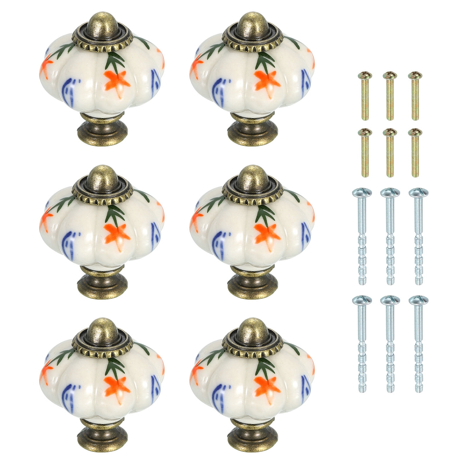 Uxcell 6 Pack Ceramic Knobs, 35mm/1.38" Pumpkin Cabinet Knob Drawer Pull Handle Vintage Drawer Knobs with Screws for Vanity Bedroom Furniture Closet, Multicolor Petal Leaf