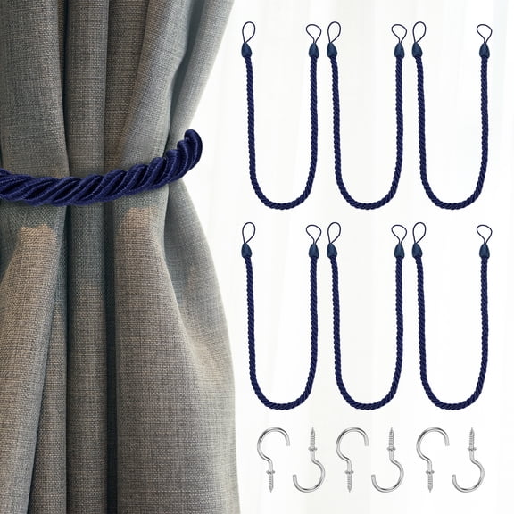 Uxcell 6 Pack Curtain Tiebacks, 74cm/29" Braided Drapery Holdback Holder Decorative Rope Tie Back with Metal Screw Hooks for Home Office Decor, Navy Blue