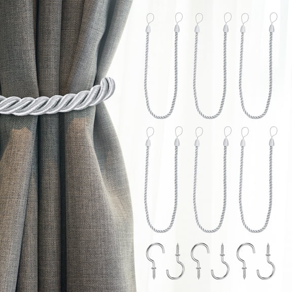 Uxcell 6 Pack Curtain Tiebacks, 75cm/29.5" Braided Drapery Holdback Holder Decorative Rope Tie Back with Metal Screw Hooks for Home Office Decor, White