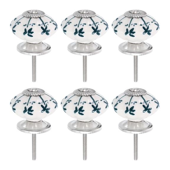 Uxcell 6 Pack Floral Ceramic Pull Knobs, Vintage Round Cabinet Knobs, Green Leaves Ceramic Knobs for Kitchen Cabinet