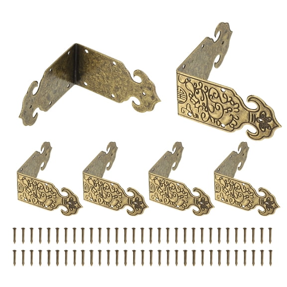 Uxcell 6 Pack L Shaped Vintage Corner Protectors, 2" x 1" Decorative Guards, Protector Corner Braces with 60Pack Nails for Cabinets Furniture Wooden Boxes, Bronze