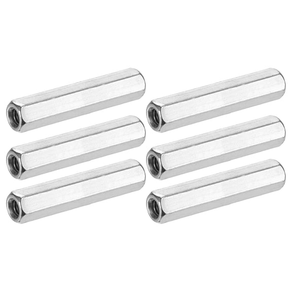 Uxcell 6-Pack M6 x 1-Pitch Hex Coupling Nuts, 50mm/1.97" Length 304 Stainless Steel Threaded Connector[Silver Tone]