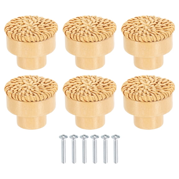 Uxcell 6 Pack Rattan Dresser Knobs, 1.38" Handmade Wicker Woven Drawer Knobs Round Beech Wood Cabinet Knobs with Screws for Furniture Wardrobe Cupboard, Brown