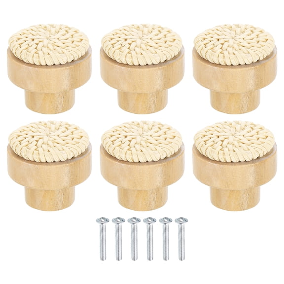Uxcell 6 Pack Rattan Dresser Knobs, 1.38" Handmade Wicker Woven Drawer Knobs Round Beech Wood Cabinet Knobs with Screws for Furniture Wardrobe Cupboard, White
