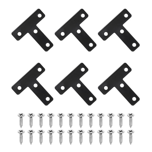 Uxcell 6 Pack T Shape Flat Bracket, 1.97" x 1.97" Metal Flat Corner Bracket Right Angle Corner Brace Mending Plate with Screws, Black