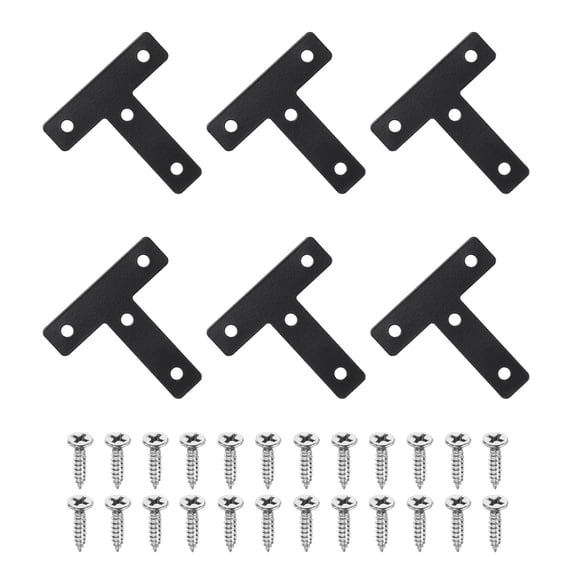 Uxcell 6 Pack T Shape Flat Bracket, 2.36" x 2.36" Metal Flat Corner Bracket Right Angle Corner Brace Mending Plate with Screws, Black