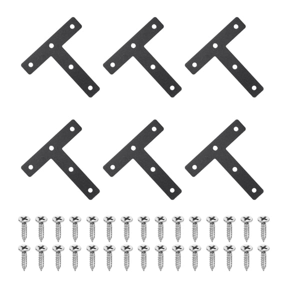 Uxcell 6 Pack T Shape Flat Bracket, 3.15" x 3.15" Metal Flat Corner Bracket Right Angle Corner Brace Mending Plate with Screws, Black