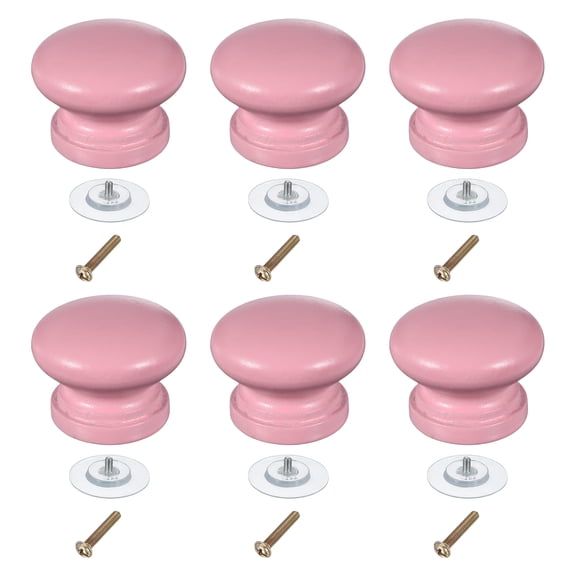 Uxcell 6 Pack Wood Drawer Knobs, Round Single Hole Wooden Cabinet Knobs Mushroom Shape Handle Pulls with Screws for Furniture Closet Dresser, Pink, 33x25mm/1.3x0.98inch (DiaxH)