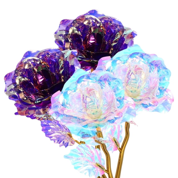 Uxcell 6 Pcs 24K Colorful Gold Rose, Artificial Roses Flowers Eternal Crystal Flower Gift for Mother's Day Thanksgiving Valentine's Day Anniversary Birthday Party, Rainbow White/Purple