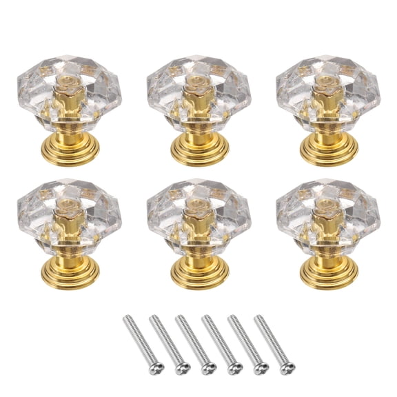 Uxcell 6 Pcs Crystal Drawer Knobs 24 mm Dresser Pulls Knobs for Cupboard, Clear/Gold