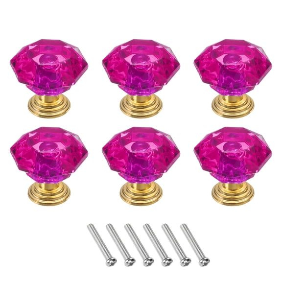 Uxcell 6 Pcs Crystal Drawer Knobs 24 mm Dresser Pulls Knobs for Cupboard, Rose Red/Gold