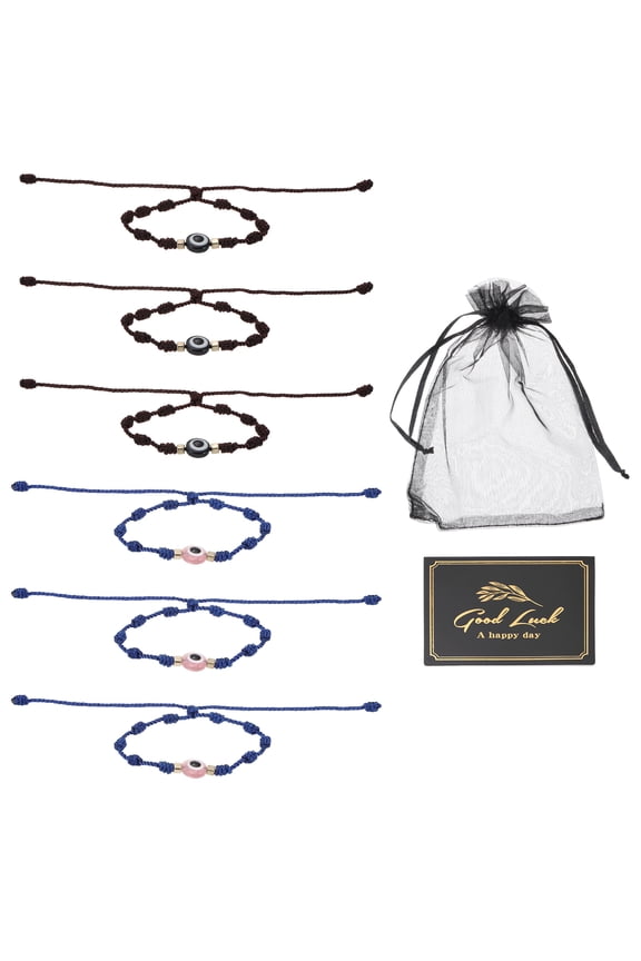 6 Pcs Evil Eye Bracelet, Handmade Knots Braided Rope String Adjustable Evil Eye Waterproof Good Luck Bracelet Set with Card Mesh Bag for Luck Protection Gifts, Black/Cobalt Blue