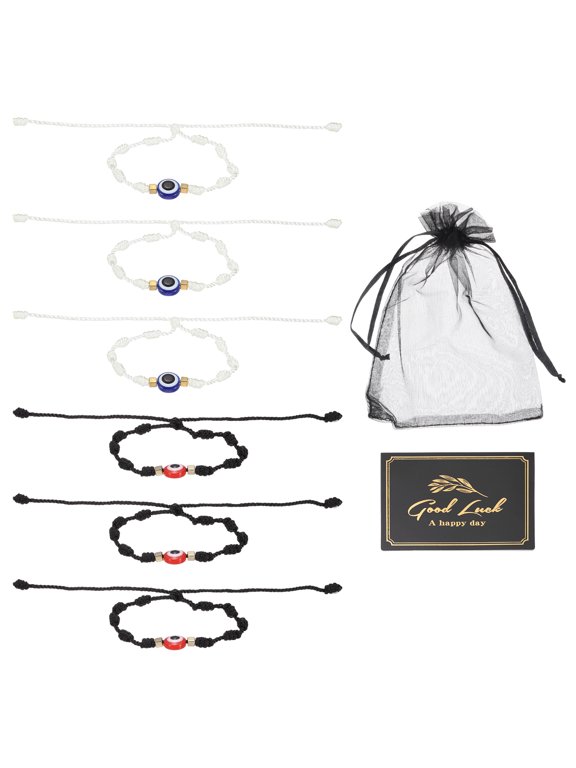 6 Pcs Evil Eye Bracelet, Handmade Knots Braided Rope String Adjustable Evil Eye Waterproof Good Luck Bracelet Set with Card Mesh Bag for Luck Protection Gifts, White/Cobalt Blue