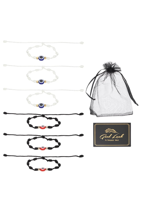 6 Pcs Evil Eye Bracelet, Handmade Knots Braided Rope String Adjustable Evil Eye Waterproof Good Luck Bracelet Set with Card Mesh Bag for Luck Protection Gifts, White/Cobalt Blue