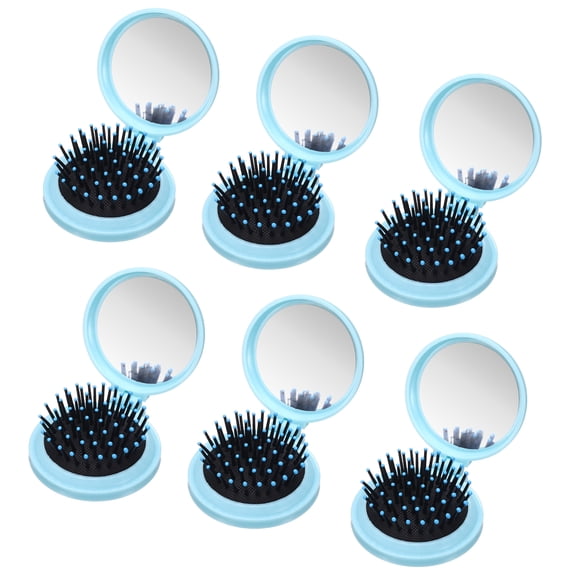 Uxcell 6 Pcs Mini Compact Travel Hair Brush, Round Folding Hairbrush Pocket Hair Brush with Mirror, Compact Massage Comb for Purse, Women Girls Travel Daily Use, Blue