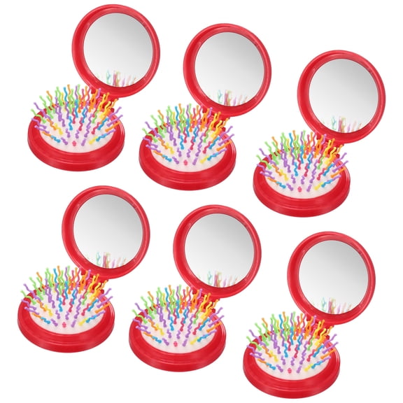Uxcell 6 Pcs Mini Compact Travel Hair Brush, Round Folding Hairbrush Pocket Hair Brush with Mirror, Compact Massage Comb for Purse, Women Girls Travel Daily Use, Colorful Red