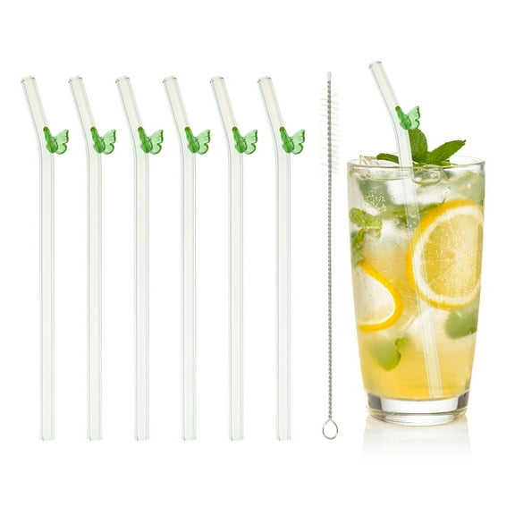 Uxcell 6 Pcs Reusable Glass Straws, 7.87" Butterfly Glass Straw Shatter Resistant Clear Cute Straws for Whiskey Coffee Juice Soda Drinks Tea, Green