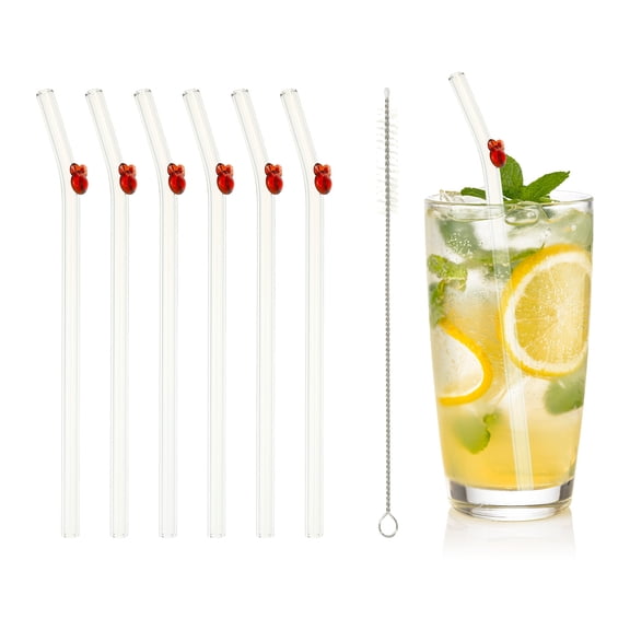 Uxcell 6 Pcs Reusable Glass Straws, 7.87" Rabbits Glass Straw Shatter Resistant Clear Cute Straws for Whiskey Coffee Juice Soda Drinks Tea, Red