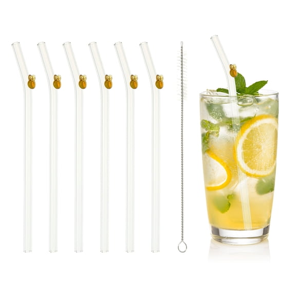 Uxcell 6 Pcs Reusable Glass Straws, 7.87" Rabbits Glass Straw Shatter Resistant Clear Cute Straws for Whiskey Coffee Juice Soda Drinks Tea, Yellow