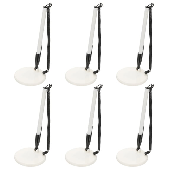 Uxcell 6 Pcs Secure Pen with Adhesive Chain and Security Pen Holder, Reception Counter Pens Desktop Pen Black Ink Refills for Desk Workplace Office Home Supplies, Flat Base, White