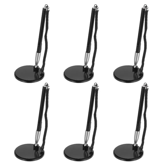 Uxcell 6 Pcs Secure Pen with Adhesive Chain and Security Pen Holder, Reception Counter Pens Desktop Pen Black Ink Refills for Desk Workplace Office Home Supplies, Flat Base, Black Silver