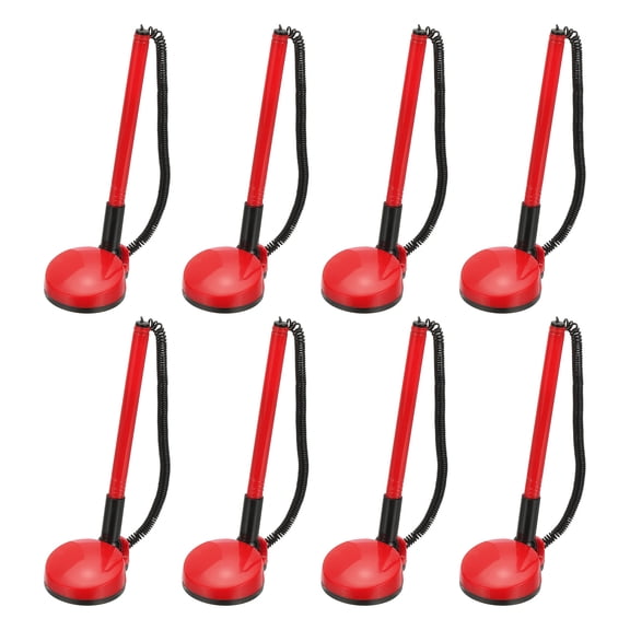 Uxcell 8 Pcs Secure Pen with Adhesive Chain and Security Pen Holder, Reception Counter Pens Desktop Pen Black Ink Refills for Desk Workplace Office Home Supplies, Round Base, Red