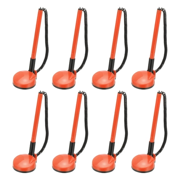 Uxcell 8 Pcs Secure Pen with Adhesive Chain and Security Pen Holder, Reception Counter Pens Desktop Pen Black Ink Refills for Desk Workplace Office Home Supplies, Round Base, Orange